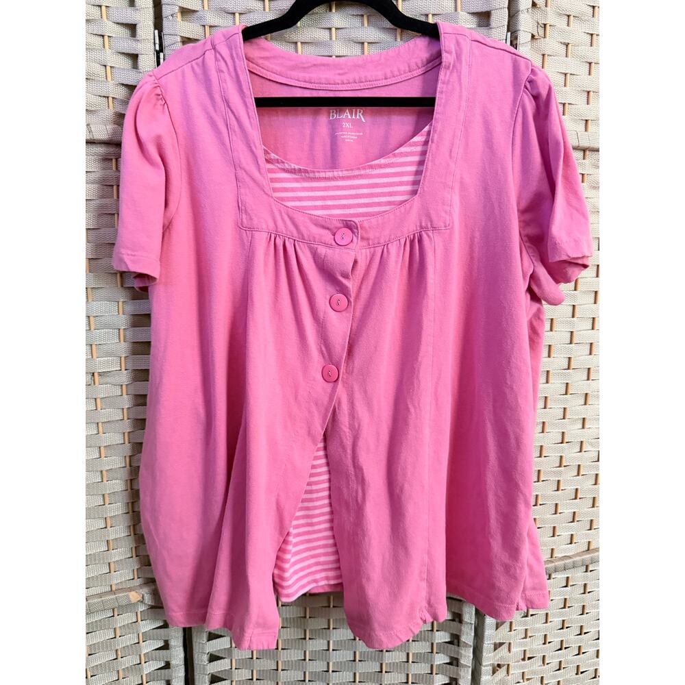 Blair Button Front Short Sleeve Plus Size Blouse Pink 2XL Casual Square Neckline